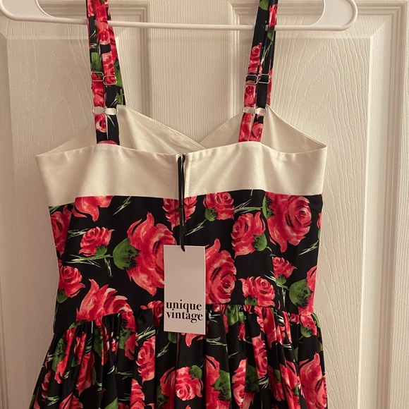 Unique Vintage Black Pink Floral Contrast-Trim Darienne A-Line Dress Size S/4 - Picture 7 of 12